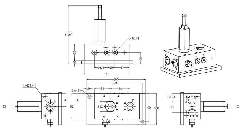 Rysunek techniczny hydraulicznych zaworów przełączających DU-C